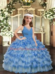Trendy Blue Zipper V-neck Ruffled Layers Pageant Dress for Womens Organza Sleeveless