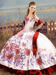 Affordable Floor Length White And Red Quinceanera Gown Off The Shoulder Sleeveless Lace Up