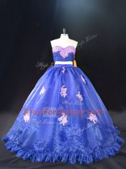 Deluxe Appliques 15 Quinceanera Dress Blue Zipper Sleeveless Brush Train