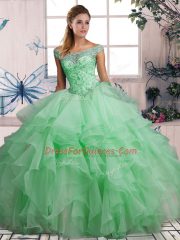 Off The Shoulder Sleeveless Lace Up Ball Gown Prom Dress Apple Green Organza
