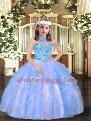 Appliques and Ruffles Glitz Pageant Dress Blue Lace Up Sleeveless Floor Length