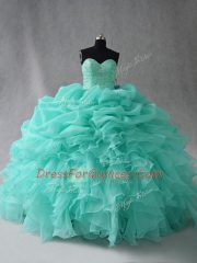 Customized Aqua Blue Organza Lace Up Sweetheart Sleeveless Floor Length Quince Ball Gowns Beading and Ruffles and Pick Ups