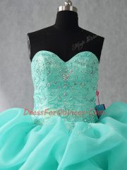 Customized Aqua Blue Organza Lace Up Sweetheart Sleeveless Floor Length Quince Ball Gowns Beading and Ruffles and Pick Ups