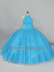 Halter Top Sleeveless Brush Train Lace Up 15th Birthday Dress Aqua Blue Tulle