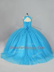 Halter Top Sleeveless Brush Train Lace Up 15th Birthday Dress Aqua Blue Tulle