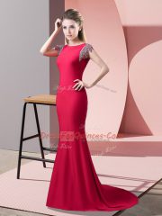 Cute Coral Red Prom Dresses High-neck Short Sleeves Brush Train Backless
