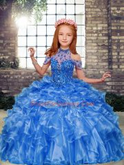 Blue Organza Lace Up Little Girl Pageant Dress Sleeveless Floor Length Beading and Ruffles