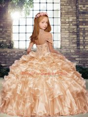 Blue Organza Lace Up Little Girl Pageant Dress Sleeveless Floor Length Beading and Ruffles
