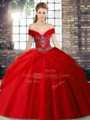 Red Sleeveless Tulle Brush Train Lace Up Sweet 16 Dresses for Military Ball and Sweet 16 and Quinceanera