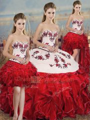 Beauteous Embroidery and Ruffles and Bowknot Sweet 16 Dress White And Red Lace Up Sleeveless Floor Length