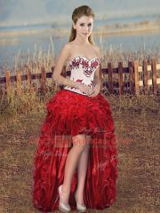 Beauteous Embroidery and Ruffles and Bowknot Sweet 16 Dress White And Red Lace Up Sleeveless Floor Length