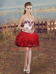 Beauteous Embroidery and Ruffles and Bowknot Sweet 16 Dress White And Red Lace Up Sleeveless Floor Length