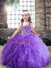 Perfect Ball Gowns Pageant Gowns For Girls Lavender and Purple Straps Tulle Sleeveless Floor Length Lace Up