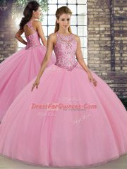 Best Sleeveless Floor Length Embroidery Lace Up Sweet 16 Dress with Pink