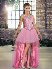 Best Sleeveless Floor Length Embroidery Lace Up Sweet 16 Dress with Pink