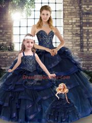 Tulle Sweetheart Sleeveless Lace Up Beading and Ruffles Quinceanera Gowns in Navy Blue