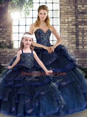 Tulle Sweetheart Sleeveless Lace Up Beading and Ruffles Quinceanera Gowns in Navy Blue