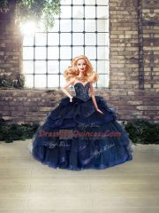 Tulle Sweetheart Sleeveless Lace Up Beading and Ruffles Quinceanera Gowns in Navy Blue