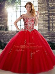 Ball Gowns 15th Birthday Dress Red Off The Shoulder Tulle Sleeveless Floor Length Lace Up
