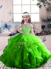Sleeveless Tulle Floor Length Lace Up Evening Gowns in with Beading and Ruffles