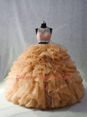 Scoop Sleeveless Brush Train Zipper Sweet 16 Quinceanera Dress Champagne Organza