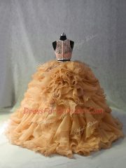 Scoop Sleeveless Brush Train Zipper Sweet 16 Quinceanera Dress Champagne Organza