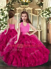 Fuchsia Tulle Lace Up Little Girl Pageant Gowns Sleeveless Floor Length Ruffles