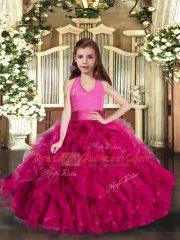 Fuchsia Tulle Lace Up Little Girl Pageant Gowns Sleeveless Floor Length Ruffles