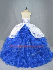 Pretty Blue And White Organza Lace Up Sweetheart Sleeveless 15 Quinceanera Dress Brush Train Beading and Embroidery and Ruffles