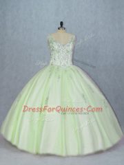 Yellow Green V-neck Neckline Beading Quince Ball Gowns Sleeveless Lace Up