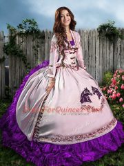 Inexpensive Sleeveless Lace Up Floor Length Embroidery and Ruffles Sweet 16 Dresses