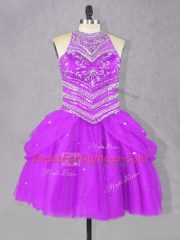 Halter Top Sleeveless Evening Dress Mini Length Beading Fuchsia Tulle