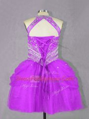 Halter Top Sleeveless Evening Dress Mini Length Beading Fuchsia Tulle