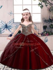 Spaghetti Straps Sleeveless Little Girls Pageant Dress Floor Length Beading Wine Red Tulle