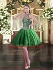 Fabulous Halter Top Sleeveless Lace Up Prom Dress Green Tulle
