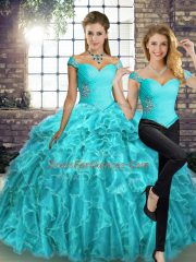 Aqua Blue Two Pieces Off The Shoulder Sleeveless Organza Brush Train Lace Up Beading and Ruffles Sweet 16 Dress