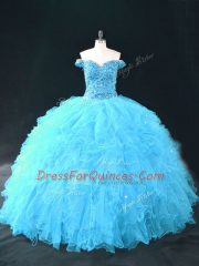 Sweet Aqua Blue Sleeveless Floor Length Beading and Ruffles Lace Up Quince Ball Gowns