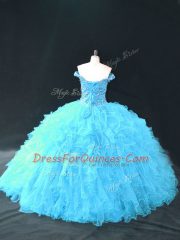 Sweet Aqua Blue Sleeveless Floor Length Beading and Ruffles Lace Up Quince Ball Gowns