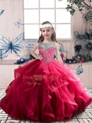 Popular Coral Red Scoop Lace Up Beading and Ruffles Kids Formal Wear Sleeveless