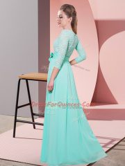 Floor Length Black Quinceanera Court of Honor Dress Chiffon 3 4 Length Sleeve Lace and Belt