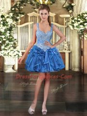 Traditional Blue Sleeveless Mini Length Beading and Ruffles Lace Up Prom Evening Gown
