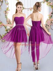 Sophisticated Purple Empire Beading Damas Dress Lace Up Chiffon Sleeveless High Low