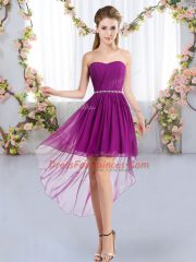 Sophisticated Purple Empire Beading Damas Dress Lace Up Chiffon Sleeveless High Low