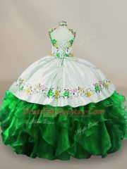 Sleeveless Organza Floor Length Lace Up Quince Ball Gowns in Green with Embroidery and Ruffles