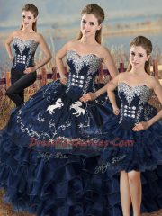 Customized Ball Gowns Ball Gown Prom Dress Navy Blue Sweetheart Satin and Organza Sleeveless High Low Lace Up
