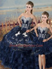Customized Ball Gowns Ball Gown Prom Dress Navy Blue Sweetheart Satin and Organza Sleeveless High Low Lace Up