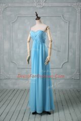 Sophisticated Baby Blue Chiffon Backless Sweetheart Sleeveless Floor Length Homecoming Dress Beading and Ruching