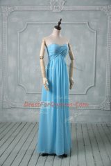 Sophisticated Baby Blue Chiffon Backless Sweetheart Sleeveless Floor Length Homecoming Dress Beading and Ruching