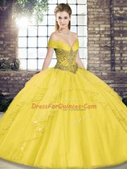 Off The Shoulder Sleeveless Quinceanera Dresses Floor Length Beading and Ruffles Gold Tulle