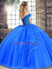 Off The Shoulder Sleeveless Quinceanera Dresses Floor Length Beading and Ruffles Gold Tulle